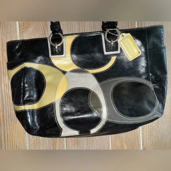 2010 Coach Opt Art Signature Patent Leather Black and Yellow Tote Bag - Picture 3 of 11